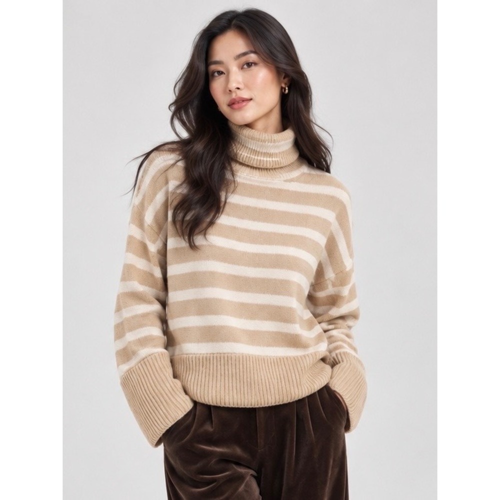 Gap Womens XXS Tan White Striped Cotton Turtleneck Boxy Knit Sweater Side Slits